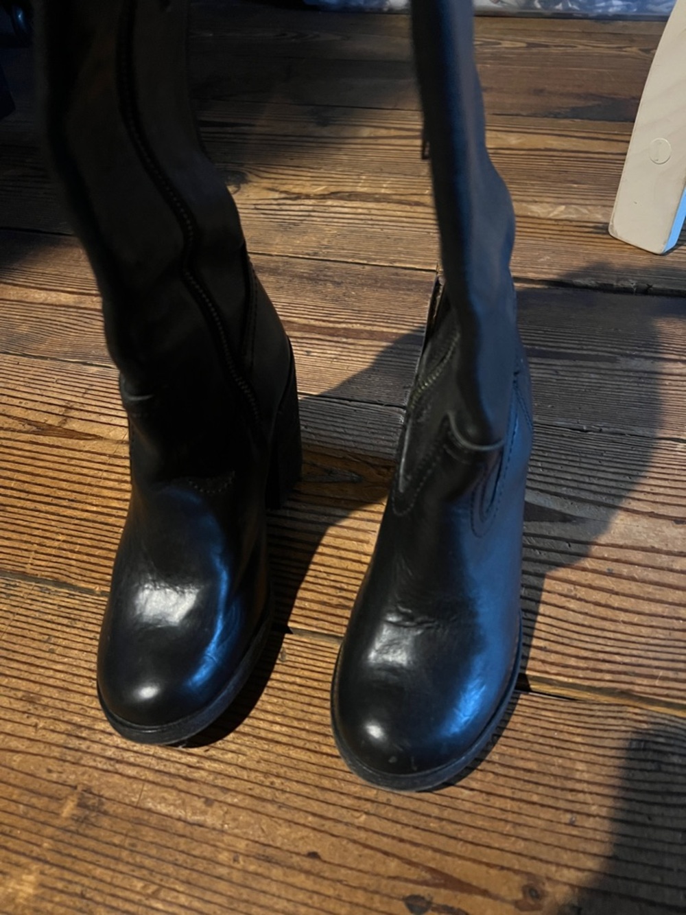 Frye Black Leather Mid-Calf Block Heel Boots - Picture 2 of 7
